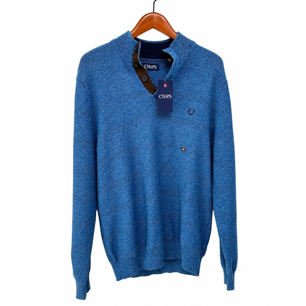 Chaps Mens Blue Marl Cotton Mock Neck Button Pullover Sweater NWT Size M